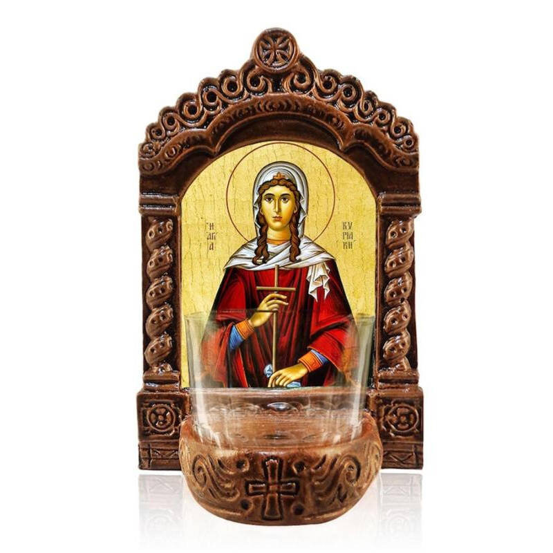 Εικόνα Ορθοδοξίας με περίγραμμα χρυσό σε ξύλο Φλαμουρίας  με  βάση Αγρυπνός Αγίας Κυριάκας, Αγία Κυριακή η Μεγαλομάρτυς Ελληνική Επιτραπέζια Εικόνα, Χειροποίητο Κεραμικό Φωτεινό με Γυάλινο Κύπελλο Διάσταση 45x35 cm (17,7 x 13,8 ίντσες) INTRAEK-54321672388