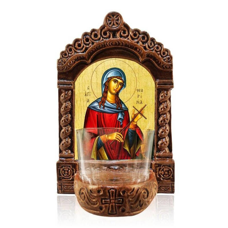 Εικόνα Ορθοδοξίας με περίγραμμα χρυσό σε ξύλο Φλαμουρίας  με  βάση Φωτιστικό Αγρυπνίας Αγίας Μαρίνας, Αγία Μαρίνα η Μεγαλομάρτυς Ελληνική Επιτραπέζια Εικόνα, Χειροποίητο Κεραμικό Φωτιστικό με Γυάλινο Κύπελλο Διάσταση 45x35 cm (17,7 x 13,8 ίντσες) INTRAEK-