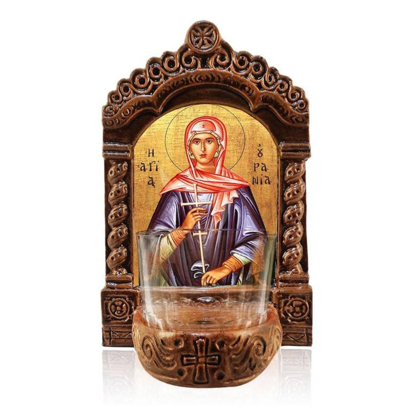 Εικόνα Ορθοδοξίας με περίγραμμα χρυσό σε ξύλο Φλαμουρίας  με  βάση Φωτιστικό Αγρυπνίας Αγίας Ουρανίας, Επιτραπέζιο Εικονίδιο Ελληνικής κατασκευής Αγίας Ουρανίας, Χειροποίητο Κεραμικό Φωτιστικό με Γυάλινο Κύπελλο Διάσταση 40x30 cm (15,8 x 11,8 ίντσες)INTRA