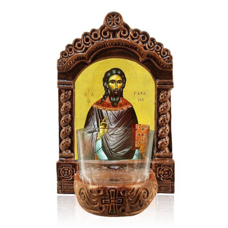 Εικόνα Ορθοδοξίας με περίγραμμα χρυσό σε ξύλο Φλαμουρίας  με  βάση Φωτιστικό Αγρυπνίας Αγίου Ραφαήλ, Επιτραπέζια Εικόνα Ελληνικής κατασκευής Αγίου Ραφαήλ, Χειροποίητο Κεραμικό Φωτιστικό με Γυάλινο Κύπελλο Διάσταση 40x30 cm (15,8 x 11,8 ίντσες)INTRAEK-4321