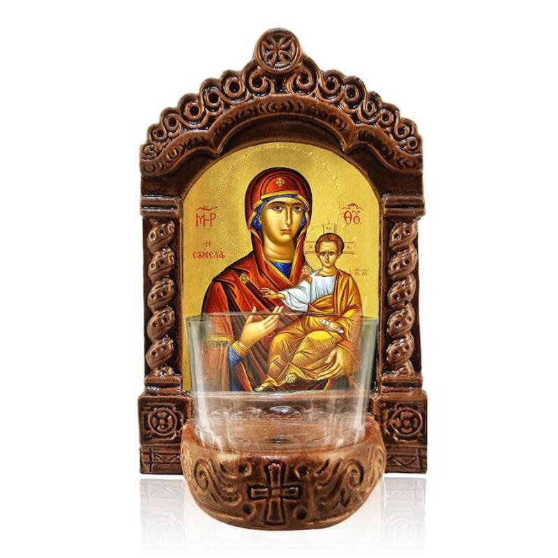 Εικόνα Ορθοδοξίας με περίγραμμα χρυσό σε ξύλο Φλαμουρίας  με  βάση Παναγία Σουμελά Φωτιστικό Αγρυπνίας, Παναγία Σουμελά Ελληνικής κατασκευής Επιτραπέζια Εικόνα, Χειροποίητο Κεραμικό Φωτιστικό Αγρυπνίας με Γυάλινο Κύπελλο Διάσταση 40x30 cm (15,8 x 11,8 ίντ