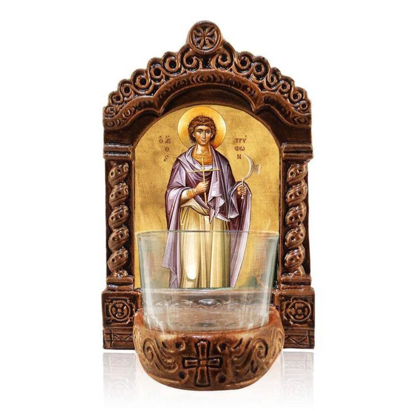 Εικόνα Ορθοδοξίας με περίγραμμα χρυσό σε ξύλο Φλαμουρίας  με  βάση Φωτιστικό Αγρυπνίας Αγίου Τρύφωνος, Άγιος Τρύφωνας Προστάτης Καλλιεργειών και Ζώων Ελληνικής κατασκευής Επιτραπέζια εικόνα, Χειροποίητο Κεραμικό Φωτιστικό Αγρυπνίας με Γυάλινο Κύπελλο Διάσ