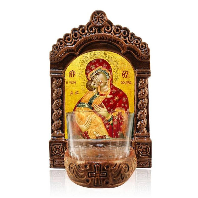 Εικόνα Ορθοδοξίας με περίγραμμα χρυσό σε ξύλο Φλαμουρίας  με  βάση Παναγία Αγρυπνία, Παναγία η Σωτήρας των Ψυχών Ελληνικής κατασκευής Επιτραπέζια Εικόνα, Χειροποίητο Κεραμικό Φωτιστικό με Γυάλινο Κύπελλο Διάσταση 40x30 cm (15,8 x 11,8 ίντσες)INTRAEK-43216