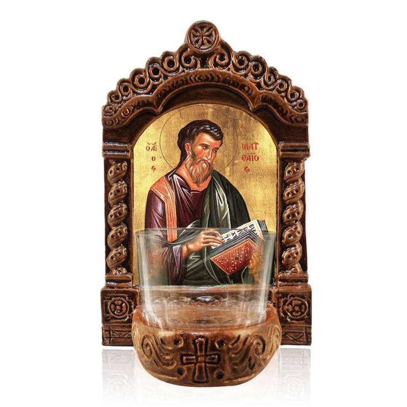 Εικόνα Ορθοδοξίας με περίγραμμα χρυσό σε ξύλο Φλαμουρίας  με  βάση Αγρυπνός Άγιος Ματθαίος, Άγιος Ματθαίος ο Απόστολος Ελληνικής κατασκευής Επιτραπέζια εικόνα, Χειροποίητο Κεραμικό Φωτιστικό με Γυάλινο Κύπελλο Διάσταση 45x35 cm (17,7 x 13,8 ίντσες) INTRAE