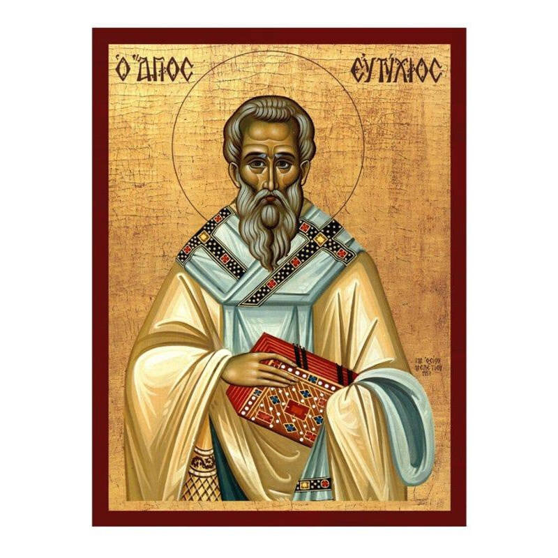 Εικόνα Ορθοδοξίας με περίγραμμα χρυσό σε ξύλο Φλαμουρίας  με  βάση Εικόνα Αγίου Ευτυχίου Πατριάρχη Κωνσταντινουπόλεως, Χειροποίητη Ελληνική εικόνα Αγίου Ευτυχίου, επιτοίχια πλάκα βυζαντινής τέχνης, χριστιανικό δώρο Διάσταση 45x35 cm (17,7 x 13,8 ίντσες) I