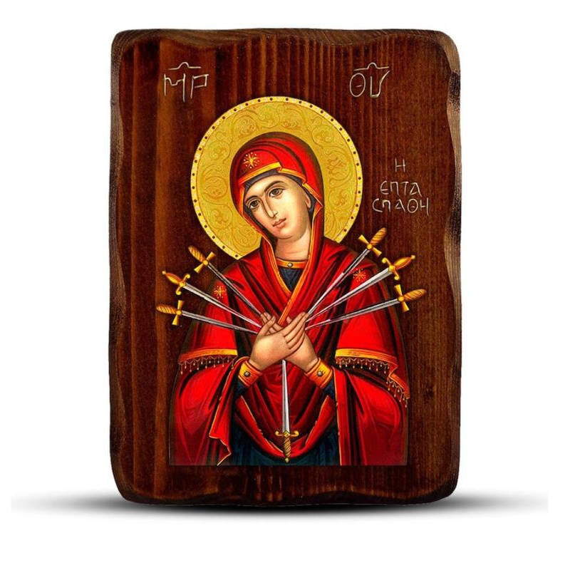 Εικόνα Ορθοδοξίας με περίγραμμα χρυσό σε ξύλο Φλαμουρίας  με  βάση Παναγία των Θλίψεων-Εφτά ξίφη εικόνα, Χειροποίητη Ξύλινη εικόνα Παναγίας Επτασπάθη, τοίχος βυζαντινής τέχνης, θρησκευτικό δώρο, χριστιανική διακόσμηση Διάσταση 45x35 cm (17,7 x 13,8 ίντσες