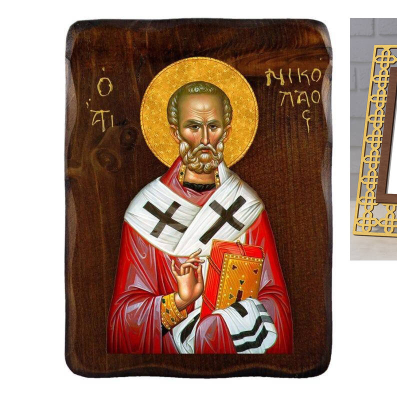 Εικόνα Ορθοδοξίας με περίγραμμα χρυσό σε ξύλο Φλαμουρίας  με  βάση Εικόνα Αγίου Νικολάου, Χειροποίητη ελληνορθόδοξη εικόνα του Αγίου Νικολάου, επιτοίχια πλάκα βυζαντινής τέχνης, θρησκευτικό δώρο, χριστιανική διακόσμηση Διάσταση 45x35 cm (17,7 x 13,8 ίντσε