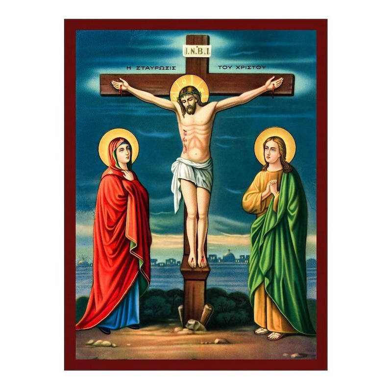 Εικόνα Ορθοδοξίας με περίγραμμα χρυσό σε ξύλο Φλαμουρίας  με  βάση Εικόνα Η Σταύρωση του Κυρίου, Χειροποίητη Ελληνορθόδοξη εικόνα του Ιησού Χριστού, Κρεμαστή πλάκα βυζαντινής τέχνης, ορθόδοξη τέχνη Διάσταση 50x40 cm (19,7 x 15,8 ίντσες)  INTRAEK-654321672