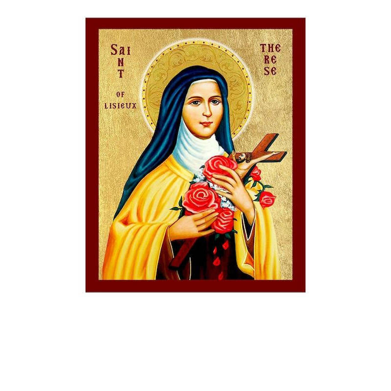 Εικόνα Ορθοδοξίας με περίγραμμα χρυσό σε ξύλο Φλαμουρίας  με  βάση Εικόνα Αγίας Τερέζας του Λισιέ, Χειροποίητη Χριστιανική Εικόνα της Αγίας Θηρεσίας, Πλακέτα Βυζαντινής Τέχνης, Χριστιανική Θρησκευτική Τέχνη Διάσταση 40x30 cm (15,8 x 11,8 ίντσες)INTRAEK-43