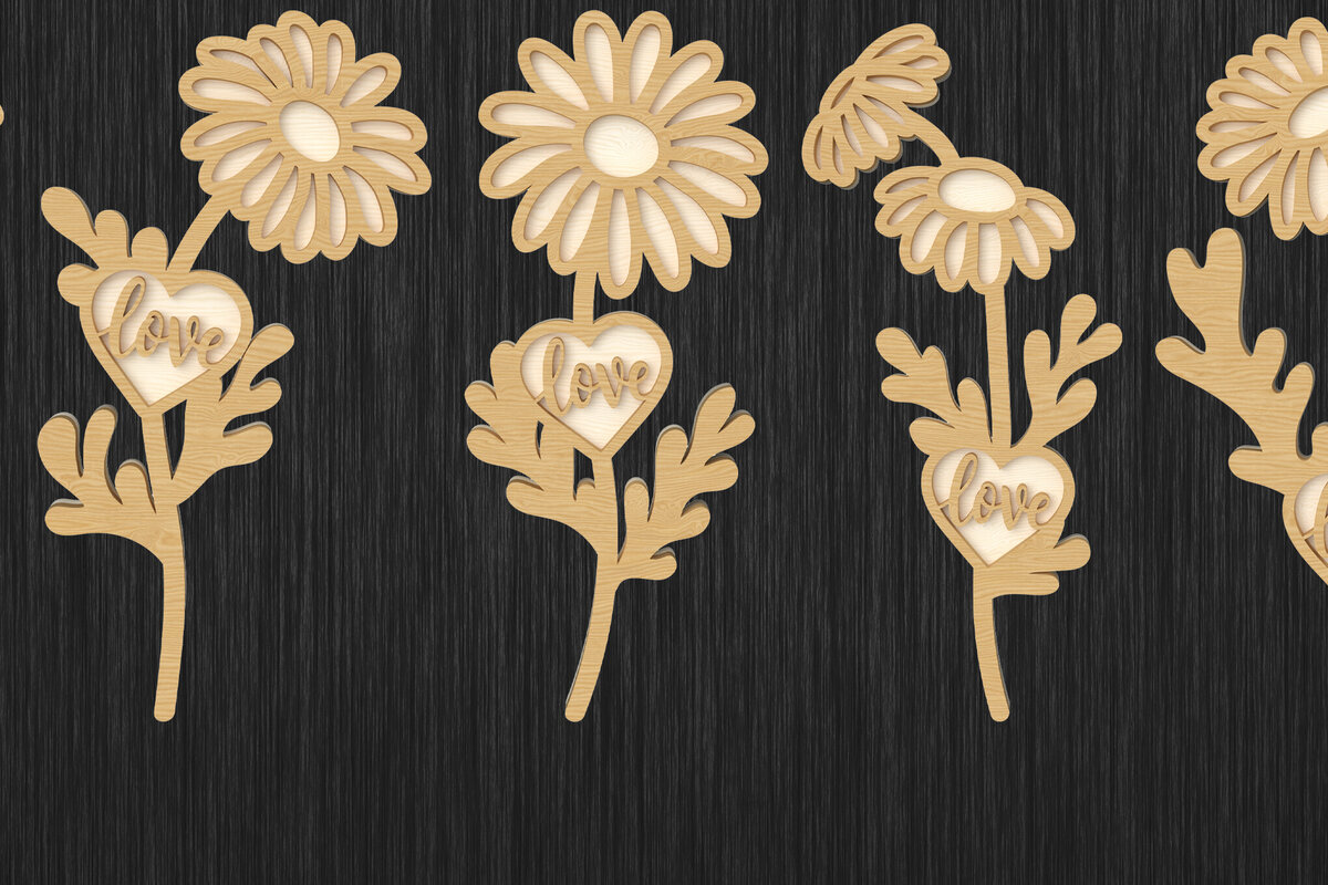 Σετ των 2 Intra απο ξύλο plywood 3mm-4mm πάχος - Πακέτο Daisy with Love Heart  Δίασταση 20x20 cm INTRAFABR-111376171