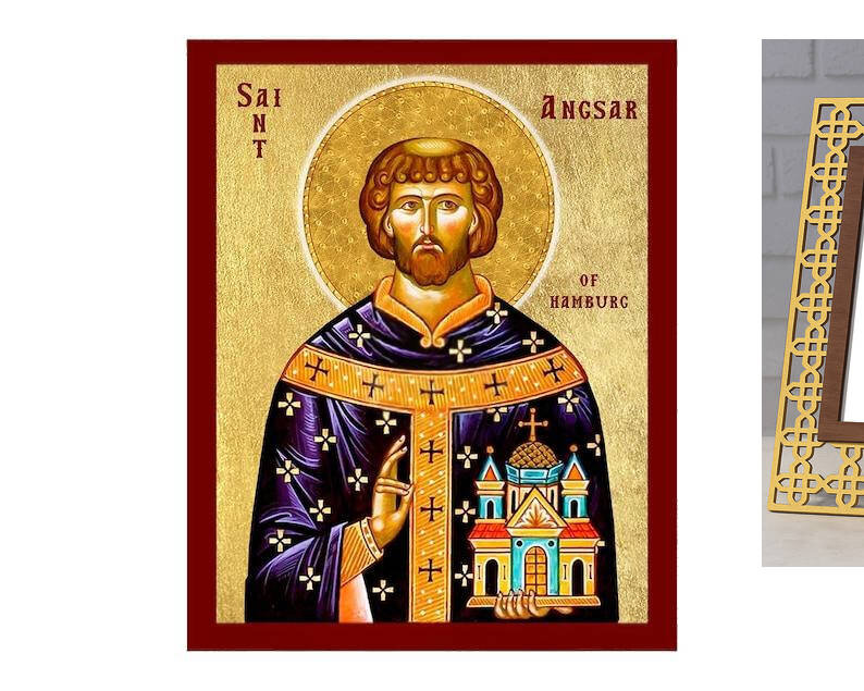 Εικόνα Ορθοδοξίας με περίγραμμα χρυσό σε ξύλο Φλαμουρίας  με  βάση Εικόνα Αγίου Άνσγκαρ του Αμβούργου, Χειροποίητη Χριστιανική Εικόνα του Αγίου Ανσγκάρ, Κρεμαστή πλάκα Βυζαντινής Τέχνης, Χριστιανική Θρησκευτική Τέχνη Διάσταση 40x30 cm (15,8 x 11,8 ίντσες)