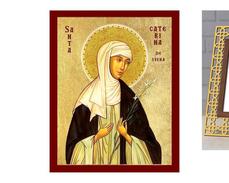 Εικόνα Ορθοδοξίας με περίγραμμα χρυσό σε ξύλο Φλαμουρίας  με  βάση Εικόνα Αγίας Αικατερίνης της Σιένα, Χειροποίητη Χριστιανική Εικόνα της Αγίας Αικατερίνης, Πλακέτα Βυζαντινής Τέχνης, Χριστιανική Θρησκευτική Τέχνη Διάσταση 40x30 cm (15,8 x 11,8 ίντσες)INT