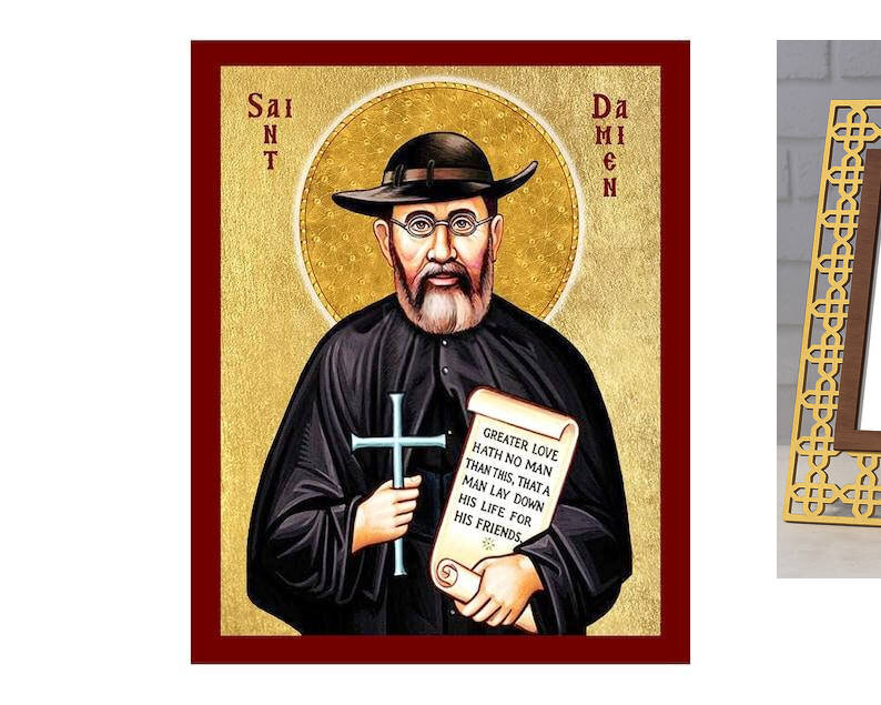 Εικόνα Ορθοδοξίας με περίγραμμα χρυσό σε ξύλο Φλαμουρίας  με  βάση Εικόνα Saint Damien of Molokai, Χειροποίητη Θρησκευτική Εικόνα Saint Damien, Κρεμαστή πλάκα Βυζαντινής Τέχνης, Χριστιανική Θρησκευτική Τέχνη Διάσταση 40x30 cm (15,8 x 11,8 ίντσες)INTRAEK-4