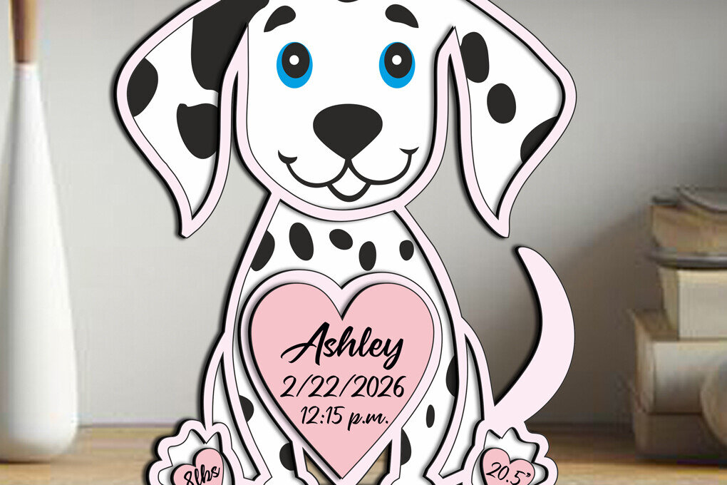 Intra απο ξύλο plywood 3mm-4mm πάχος - Πινακίδα ανακοίνωσης γέννησης μωρού Δαλματίας Δίασταση 30x20 cm INTRAFABR-122099846