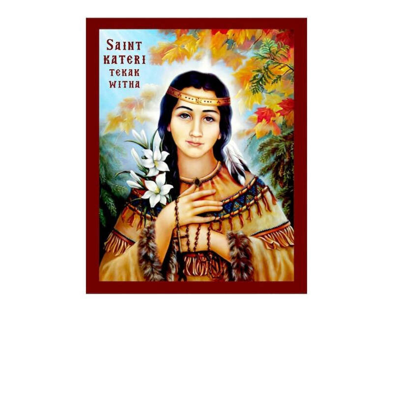 Εικόνα Ορθοδοξίας με περίγραμμα χρυσό σε ξύλο Φλαμουρίας  με  βάση Εικόνα Santa Kateri Tekakwitha, Χειροποίητη Θρησκευτική Εικόνα Santa Kateri Tekakwitha, Κρεμαστή Πλακέτα Βυζαντινής Τέχνης, Χριστιανική Θρησκευτική Τέχνη Διάσταση 40x30 cm (15,8 x 11,8 ίντ