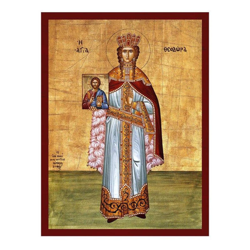 Εικόνα Ορθοδοξίας με περίγραμμα χρυσό σε ξύλο Φλαμουρίας  με  βάση Εικόνα Αγίας Θεοδώρας της Αυτοκράτειρας, Χειροποίητη ελληνική εικόνα της Αγίας Θεοδώρας, επιτοίχια πλάκα βυζαντινής τέχνης, χριστιανικό δώρο Διάσταση 45x35 cm (17,7 x 13,8 ίντσες) INTRAEK-