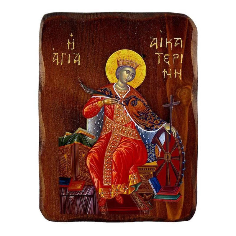 Εικόνα Ορθοδοξίας με περίγραμμα χρυσό σε ξύλο Φλαμουρίας  με  βάση Εικόνα Αγίας Αικατερίνης, Χειροποίητη ελληνορθόδοξη εικόνα της Αγίας Αικατερίνης, επιτοίχια πλάκα βυζαντινής τέχνης, θρησκευτικό δώρο, χριστιανική διακόσμηση Διάσταση 45x35 cm (17,7 x 13,8