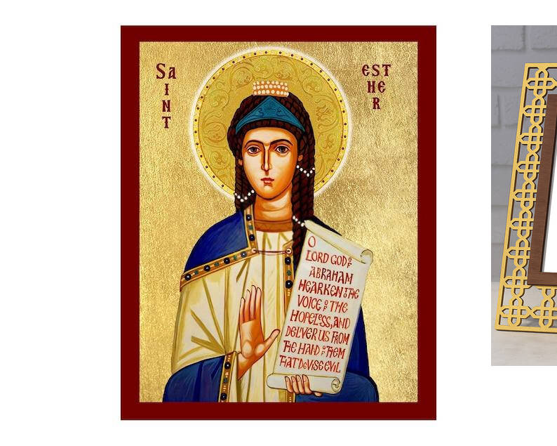 Εικόνα Ορθοδοξίας με περίγραμμα χρυσό σε ξύλο Φλαμουρίας  με  βάση Εικόνα Αγίας Εσθήρ η Δίκαιη, Χειροποίητη Χριστιανική Εικόνα της Αγίας Εσθήρ, Πλακέτα Βυζαντινής Τέχνης, Χριστιανική Θρησκευτική Τέχνη Διάσταση 40x30 cm (15,8 x 11,8 ίντσες)INTRAEK-43216723