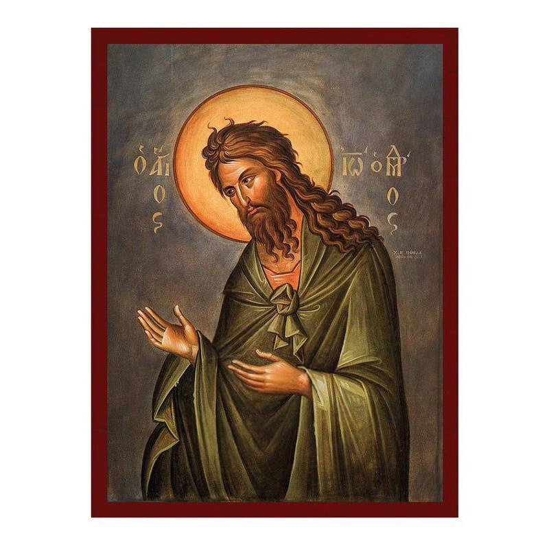 Εικόνα Ορθοδοξίας με περίγραμμα χρυσό σε ξύλο Φλαμουρίας  με  βάση Εικόνα του Αγίου Ιωάννη του Προδρόμου, Χειροποίητη Βυζαντινή εικόνα του Ιωάννη του Προδρόμου, Κρεμαστή πλάκα θρησκευτικής τέχνης, χριστιανικό δώρο Διάσταση 40x30 cm (15,8 x 11,8 ίντσες)INT