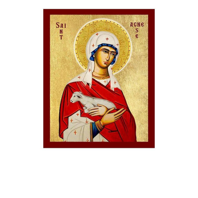 Εικόνα Ορθοδοξίας με περίγραμμα χρυσό σε ξύλο Φλαμουρίας  με  βάση Εικόνα Αγίας Αγνή της Ρώμης, Χειροποίητη Χριστιανική Εικόνα της Αγίας Αγνής, Κρεμαστή πλάκα Βυζαντινής Τέχνης, Χριστιανική Θρησκευτική Τέχνη Διάσταση 40x30 cm (15,8 x 11,8 ίντσες)INTRAEK-4