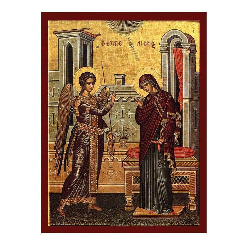 Εικόνα Ορθοδοξίας με περίγραμμα χρυσό σε ξύλο Φλαμουρίας  με  βάση Ευαγγελισμός της Θεοτόκου εικόνας, Χειροποίητη Ελληνική εικόνα Ευαγγελισμού Της Θεοτόκου, Κρεμαστή πλάκα βυζαντινής τέχνης, χριστιανικό δώρο Διάσταση 50x40 cm (19,7 x 15,8 ίντσες)  INTRAEK