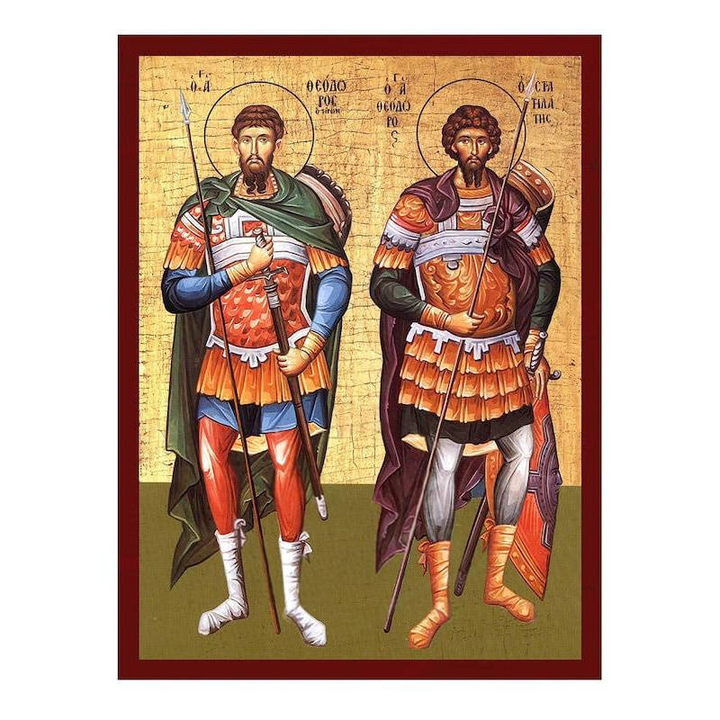 Εικόνα Ορθοδοξίας με περίγραμμα χρυσό σε ξύλο Φλαμουρίας  με  βάση Άγιοι Θεόδωρος ο Τύρος και Θεόδωρος ο Στρατηλάτης εικόνα, Χειροποίητη ελληνική εικόνα, επιτοίχια πλάκα βυζαντινής τέχνης, χριστιανικό δώρο Διάσταση 40x30 cm (15,8 x 11,8 ίντσες)INTRAEK-432
