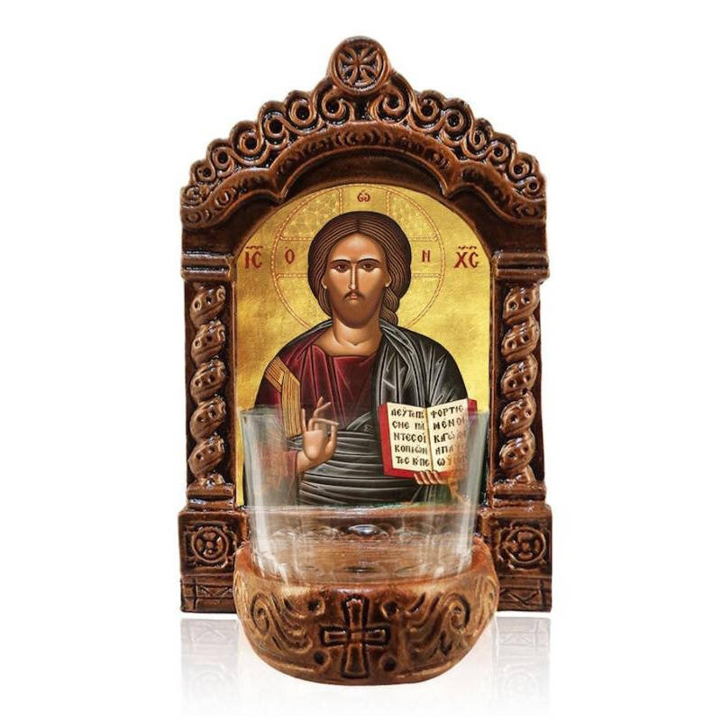 Εικόνα Ορθοδοξίας με περίγραμμα χρυσό σε ξύλο Φλαμουρίας  με  βάση Φωτιστικό Αγρυπνίας Ιησού Χριστού, Εικονίδιο Επιτραπέζιου Ιησού Χριστού Ευλόγων, Χειροποίητο Κεραμικό Φωτιστικό με Γυάλινο Κύπελλο Διάσταση 50x40 cm (19,7 x 15,8 ίντσες)  INTRAEK-654321672