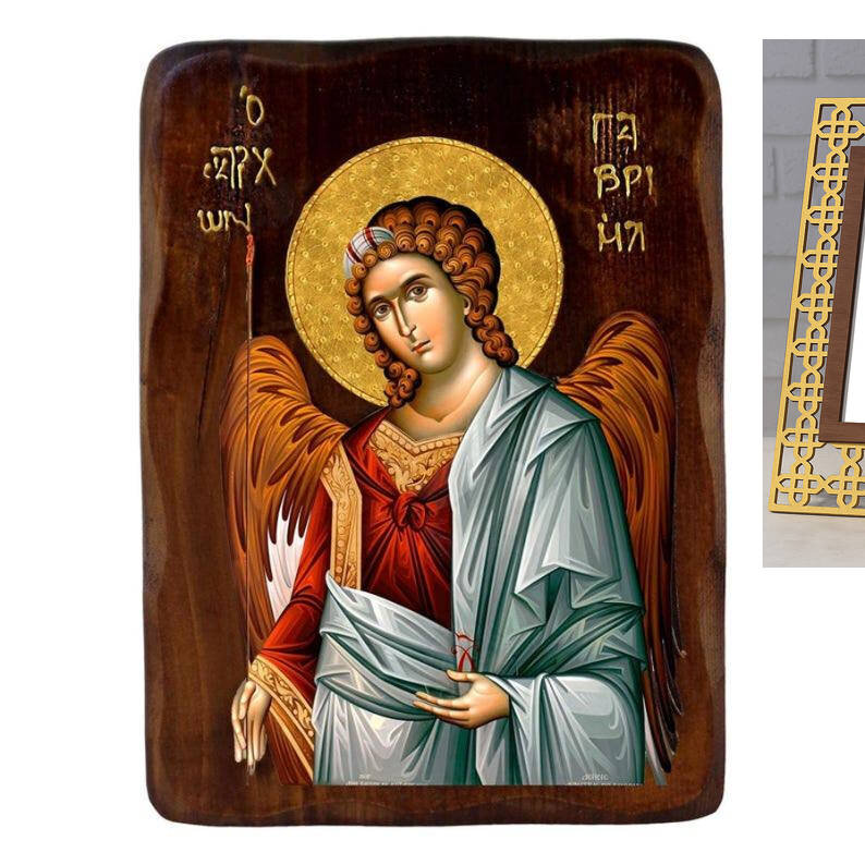 Εικόνα Ορθοδοξίας με περίγραμμα χρυσό σε ξύλο Φλαμουρίας  με  βάση Εικόνα Αρχαγγέλου Γαβριήλ, Χειροποίητη ελληνική εικόνα του Αρχαγγέλου Γαβριήλ, επιτοίχια πλάκα βυζαντινής τέχνης, θρησκευτικό δώρο, χριστιανική διακόσμηση Διάσταση 45x35 cm (17,7 x 13,8 ίν