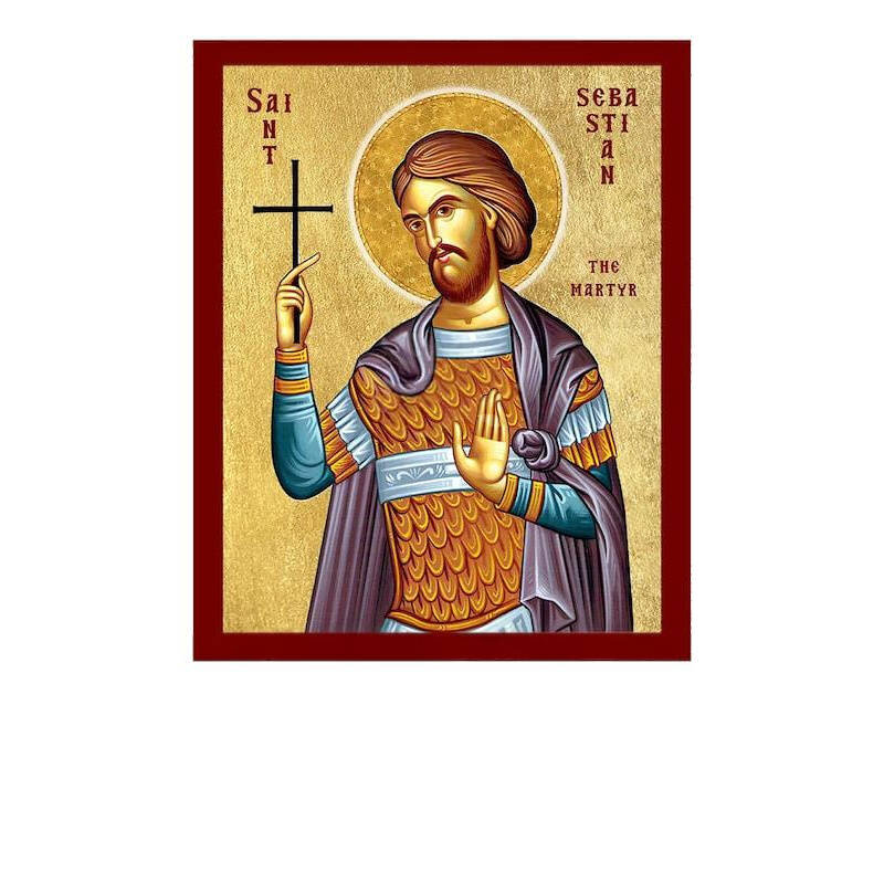 Εικόνα Ορθοδοξίας με περίγραμμα χρυσό σε ξύλο Φλαμουρίας  με  βάση Εικόνα Αγίου Σεβαστιανού του Μάρτυρα, Χειροποίητη Καθολική Εικόνα του Αγίου Σεβαστιανού, Κρεμαστή πλάκα Βυζαντινής Τέχνης, Χριστιανική Θρησκευτική Τέχνη Διάσταση 45x35 cm (17,7 x 13,8 ίντσ