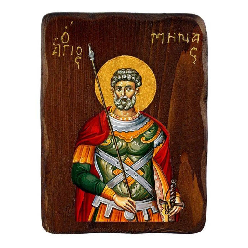 Εικόνα Ορθοδοξίας με περίγραμμα χρυσό σε ξύλο Φλαμουρίας  με  βάση Εικόνα Αγίου Μηνά, Χειροποίητη ελληνορθόδοξη εικόνα του Αγίου Μηνά, επιτοίχια πλάκα βυζαντινής τέχνης, θρησκευτικό δώρο, χριστιανική διακόσμηση Διάσταση 45x35 cm (17,7 x 13,8 ίντσες) INTRA