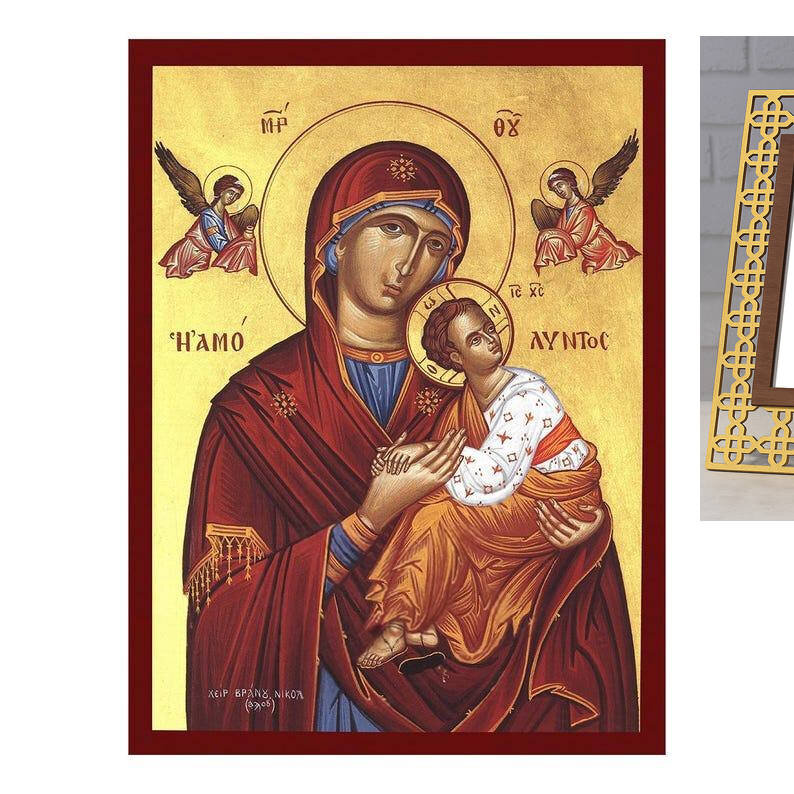 Εικόνα Ορθοδοξίας με περίγραμμα χρυσό σε ξύλο Φλαμουρίας  με  βάση Εικόνα της Άμωμης Παναγίας, Χειροποίητη Ελληνική εικόνα της Αμόλυντης Παναγίας, επιτοίχια πλάκα βυζαντινής τέχνης, χριστιανικό δώρο Διάσταση 40x30 cm (15,8 x 11,8 ίντσες)INTRAEK-4321672372