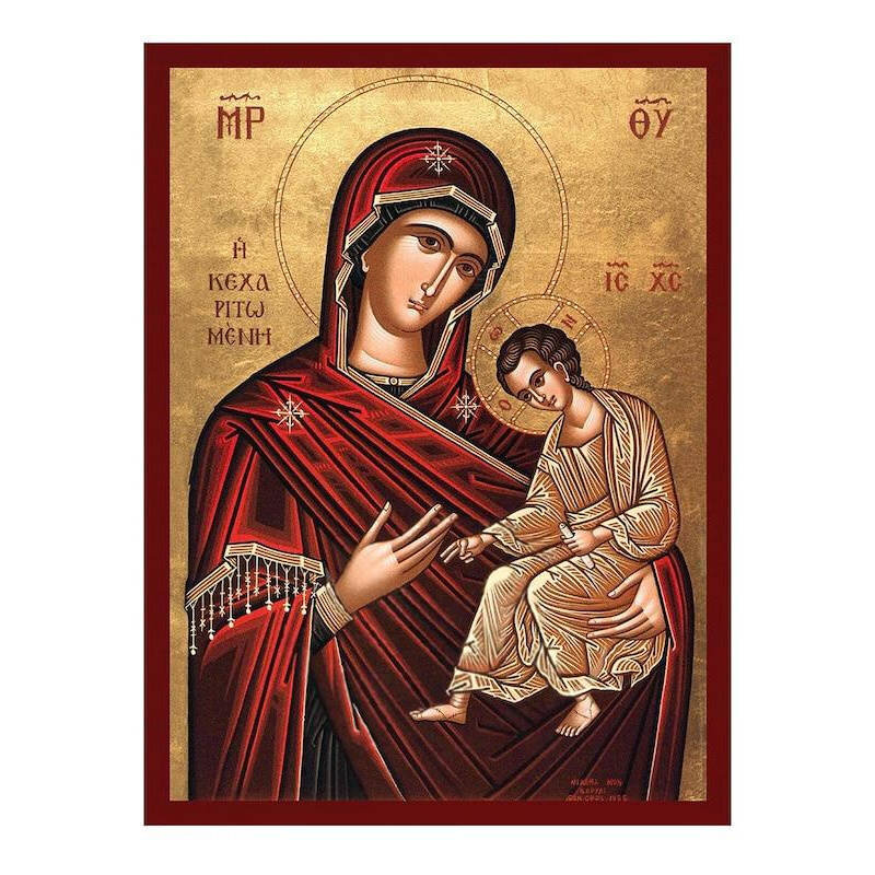 Εικόνα Ορθοδοξίας με περίγραμμα χρυσό σε ξύλο Φλαμουρίας  με  βάση Παναγία Γεμάτη Χάρη εικόνα, Χειροποίητη Βυζαντινή εικόνα Παναγίας Κεχαριτωμένης, Πλακέτα θρησκευτικής τέχνης, Χριστιανικό δώρο Διάσταση 40x30 cm (15,8 x 11,8 ίντσες)INTRAEK-43216723723