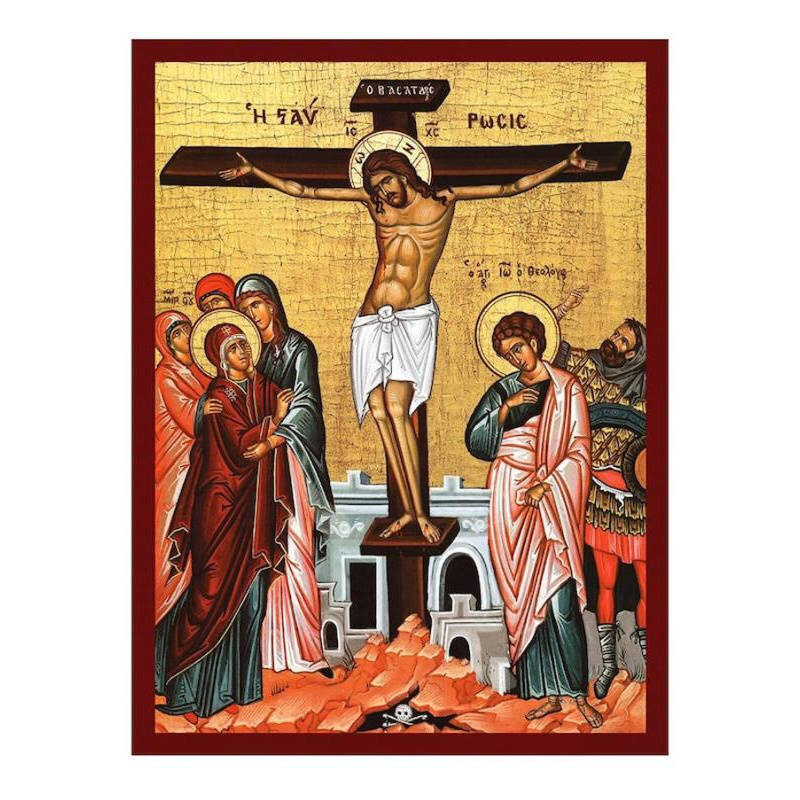Εικόνα Ορθοδοξίας με περίγραμμα χρυσό σε ξύλο Φλαμουρίας  με  βάση Εικόνα Η Σταύρωση του Χριστού, Χειροποίητη Ελληνορθόδοξη εικόνα του Ιησού Χριστού, Κρεμαστή πλάκα βυζαντινής τέχνης, βυζαντινή τέχνη Διάσταση 50x40 cm (19,7 x 15,8 ίντσες)  INTRAEK-6543216