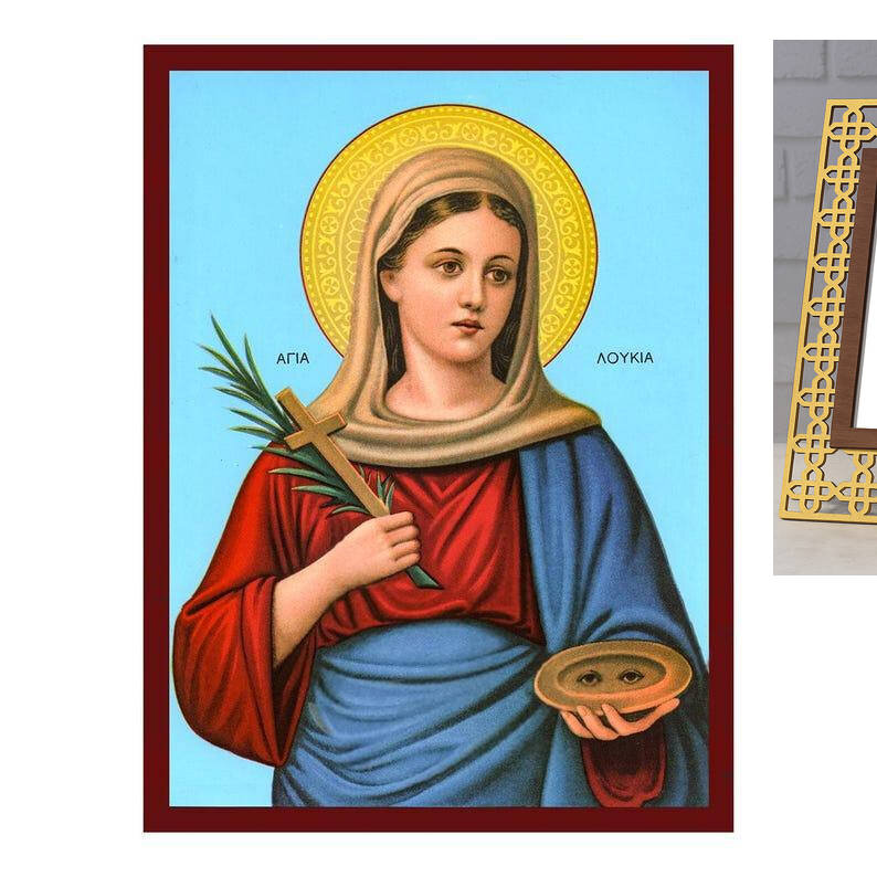 Εικόνα Ορθοδοξίας με περίγραμμα χρυσό σε ξύλο Φλαμουρίας  με  βάση Εικόνα Αγίας Λουκίας, Χειροποίητη Βυζαντινή εικόνα της Αγίας Λουκίας, Κρεμαστή πλάκα θρησκευτικής τέχνης, Χριστιανικό δώρο Διάσταση 50x40 cm (19,7 x 15,8 ίντσες)  INTRAEK-6543216723715