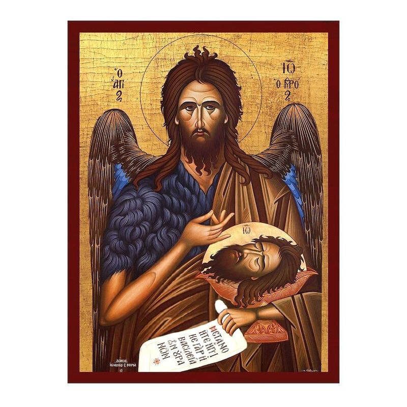Εικόνα Ορθοδοξίας με περίγραμμα χρυσό σε ξύλο Φλαμουρίας  με  βάση Εικόνα Ιωάννη του Βαπτιστή, Χειροποίητη βυζαντινή εικόνα του Αγίου Ιωάννη του Προδρόμου, Κρεμαστή πλάκα θρησκευτικής τέχνης, χριστιανικό δώρο Διάσταση 40x30 cm (15,8 x 11,8 ίντσες)INTRAEK-