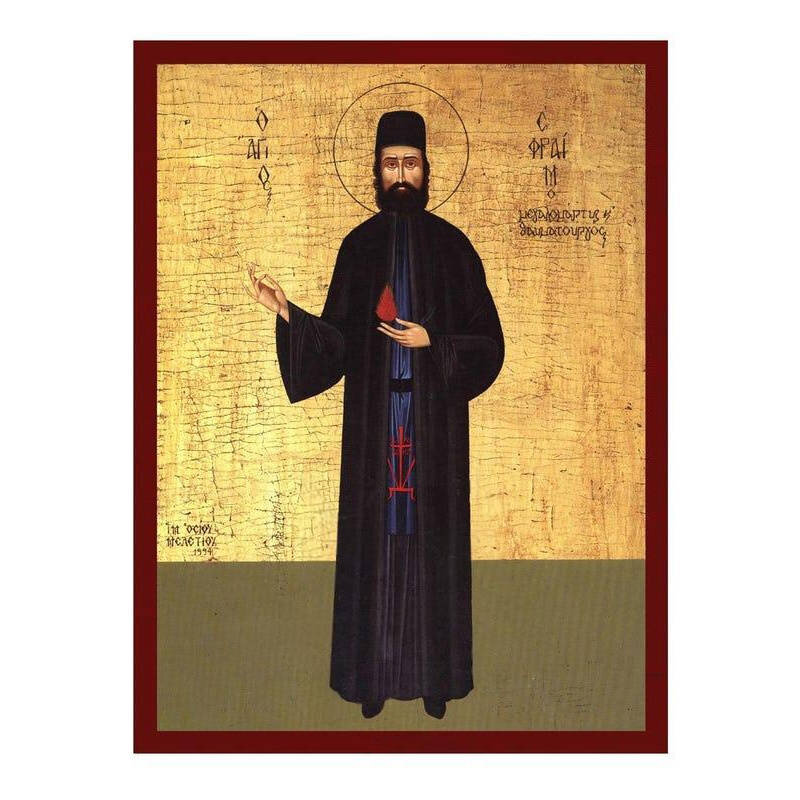 Εικόνα Ορθοδοξίας με περίγραμμα χρυσό σε ξύλο Φλαμουρίας  με  βάση Εικόνα Αγίου Εφραίμ Νέας Μάκρης, Χειροποίητη Ελληνική εικόνα Αγίου Εφραίμ, επιτοίχια πλάκα βυζαντινής τέχνης, χριστιανικό δώρο Διάσταση 50x40 cm (19,7 x 15,8 ίντσες)  INTRAEK-6543216723710