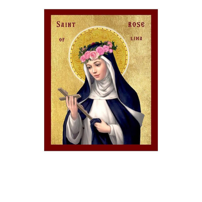 Εικόνα Ορθοδοξίας με περίγραμμα χρυσό σε ξύλο Φλαμουρίας  με  βάση Εικόνα Αγίου Ρόδου της Λίμα, Χειροποίητη Καθολική Εικόνα Αγίου Ρόδου της Λίμα, Πλακέτα Βυζαντινής Τέχνης, Χριστιανική Θρησκευτική Τέχνη Διάσταση 40x30 cm (15,8 x 11,8 ίντσες)INTRAEK-432167