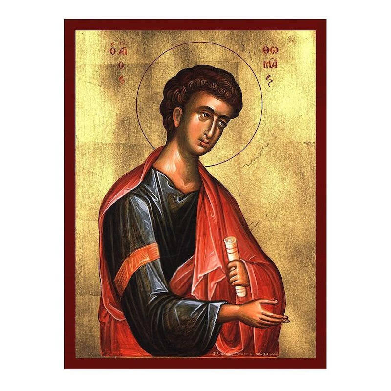 Εικόνα Ορθοδοξίας με περίγραμμα χρυσό σε ξύλο Φλαμουρίας  με  βάση Εικόνα Αγίου Θωμά του Αποστόλου, Χειροποίητη ελληνική εικόνα του Αγίου Θωμά, επιτοίχια πλάκα βυζαντινής τέχνης, χριστιανικό δώρο Διάσταση 50x40 cm (19,7 x 15,8 ίντσες)  INTRAEK-65432167236