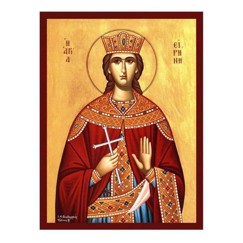 Εικόνα Ορθοδοξίας με περίγραμμα χρυσό σε ξύλο Φλαμουρίας  με  βάση Εικόνα Αγίας Ειρήνης η Μάρτυρας, Χειροποίητη Ελληνική εικόνα Αγίας Ειρήνης της Μάρτυρος, επιτοίχια πλάκα βυζαντινής τέχνης, χριστιανικό δώρο Διάσταση 45x35 cm (17,7 x 13,8 ίντσες) INTRAEK-