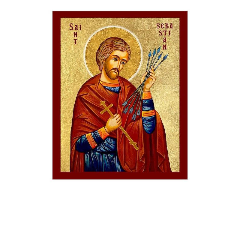 Εικόνα Ορθοδοξίας με περίγραμμα χρυσό σε ξύλο Φλαμουρίας  με  βάση Εικόνα Αγίου Σεβαστιανού της Ρώμης, Χειροποίητη Καθολική Εικόνα Αγίου Σεβαστιανού της Ρώμης, Κρεμαστή πλάκα Βυζαντινής Τέχνης, Χριστιανική Θρησκευτική Τέχνη Διάσταση 40x30 cm (15,8 x 11,8