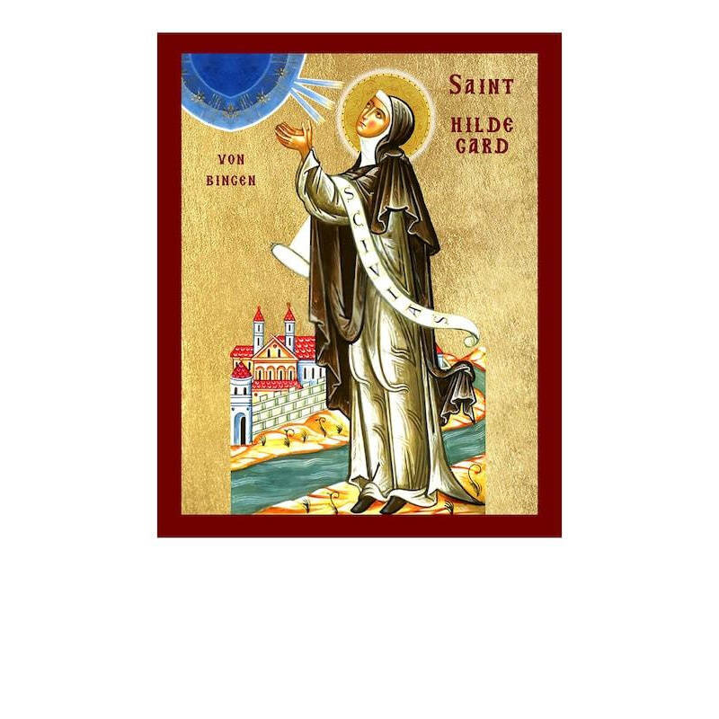 Εικόνα Ορθοδοξίας με περίγραμμα χρυσό σε ξύλο Φλαμουρίας  με  βάση Εικόνα Αγίας Χίλντεγκαρντ του Μπίνγκεν, Χειροποίητη Θρησκευτική Εικόνα Αγίας Χίλντεγκαρντ, Κρεμαστή πλάκα Βυζαντινής Τέχνης, Χριστιανική Θρησκευτική Τέχνη Διάσταση 40x30 cm (15,8 x 11,8 ίν