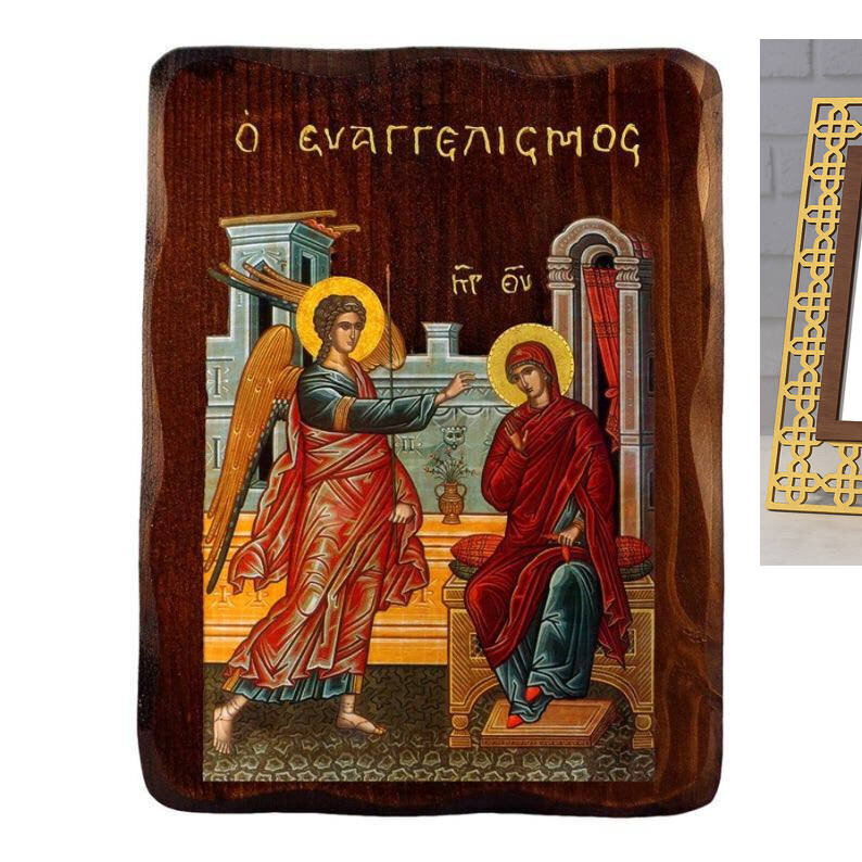 Εικόνα Ορθοδοξίας με περίγραμμα χρυσό σε ξύλο Φλαμουρίας  με  βάση Ο Ευαγγελισμός της Θεοτόκου, Χειροποίητη εικόνα του Ευαγγελισμού της Θεοτόκου, τείχος βυζαντινής τέχνης, θρησκευτικό δώρο, χριστιανική διακόσμηση Διάσταση 40x30 cm (15,8 x 11,8 ίντσες)INTR