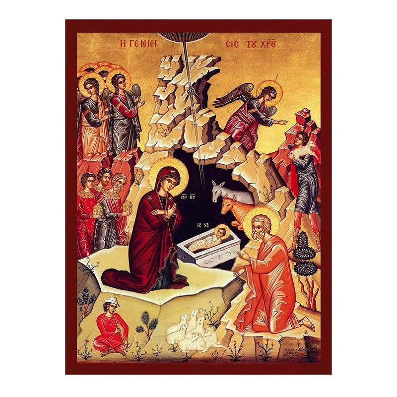 Εικόνα Ορθοδοξίας με περίγραμμα χρυσό σε ξύλο Φλαμουρίας  με  βάση Η εικόνα της γέννησης του Ιησού, χειροποίητη ελληνορθόδοξη εικόνα του Ιησού Χριστού, επιτοίχια βυζαντινή τέχνη, θρησκευτική διακόσμηση Διάσταση 45x35 cm (17,7 x 13,8 ίντσες) INTRAEK-543216