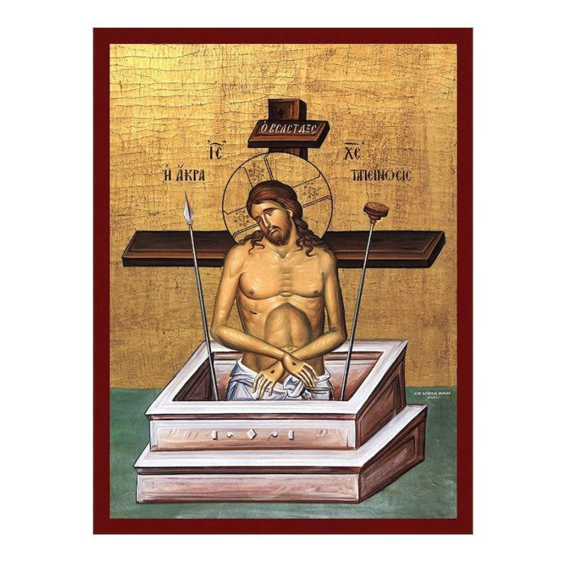 Εικόνα Ορθοδοξίας με περίγραμμα χρυσό σε ξύλο Φλαμουρίας  με  βάση Εικόνα ακραίας ταπεινότητας Ιησούς Χριστός, Χειροποίητη ελληνορθόδοξη εικόνα του Ιησού Χριστού, επιτοίχια βυζαντινή τέχνη, θρησκευτικό δώρο Διάσταση 45x35 cm (17,7 x 13,8 ίντσες) INTRAEK-5