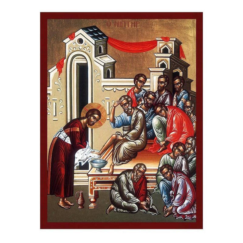 Εικόνα Ορθοδοξίας με περίγραμμα χρυσό σε ξύλο Φλαμουρίας  με  βάση Jesus Christ The Washing of the Feet Icon, Χειροποίητη Ελληνική Ορθόδοξη εικόνα του Ιησού Χριστού, Κρεμαστή πλάκα βυζαντινής τέχνης, ορθόδοξη τέχνη Διάσταση 45x35 cm (17,7 x 13,8 ίντσες) I