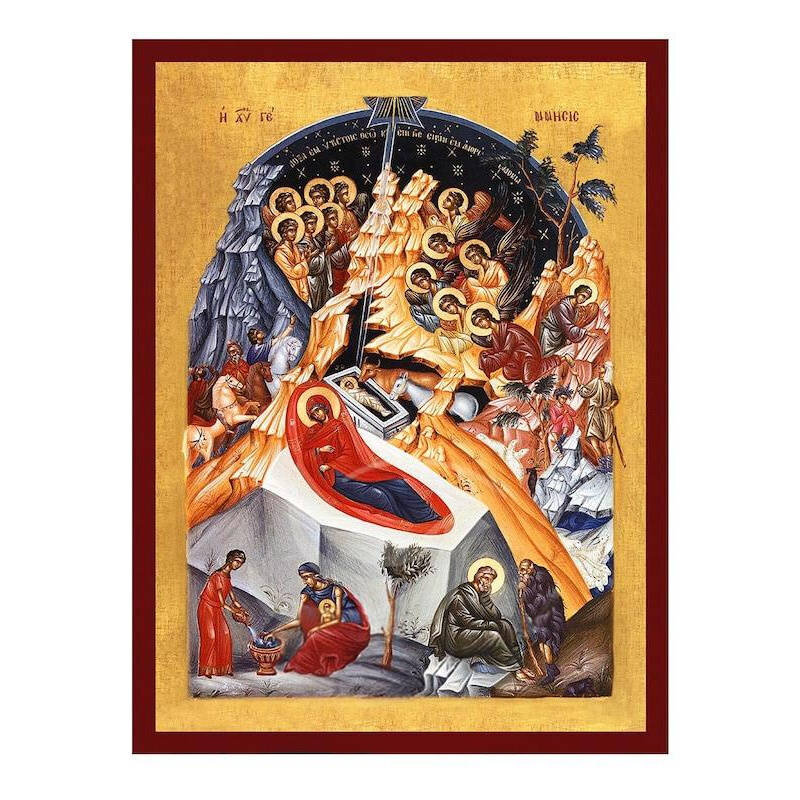 Εικόνα Ορθοδοξίας με περίγραμμα χρυσό σε ξύλο Φλαμουρίας  με  βάση Εικόνα της Γέννησης του Χριστού, Χειροποίητη ελληνορθόδοξη εικόνα του Ιησού Χριστού, επιτοίχια πλάκα βυζαντινής τέχνης, χριστιανική διακόσμηση Διάσταση 50x40 cm (19,7 x 15,8 ίντσες)  INTRA