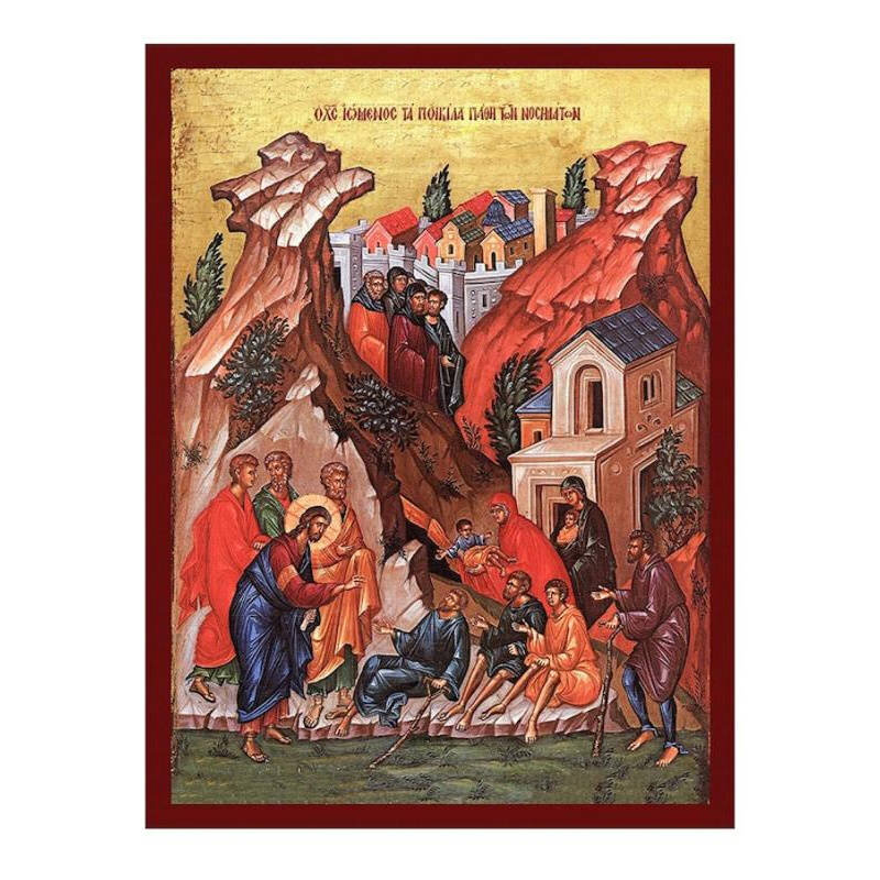 Εικόνα Ορθοδοξίας με περίγραμμα χρυσό σε ξύλο Φλαμουρίας  με  βάση Ιησούς Χριστός Η εικόνα του μεγάλου ιατρού, Χειροποίητη ελληνορθόδοξη εικόνα του Ιησού Χριστού, επιτοίχια πλάκα βυζαντινής τέχνης, βυζαντινή τέχνη Διάσταση 50x40 cm (19,7 x 15,8 ίντσες)  I