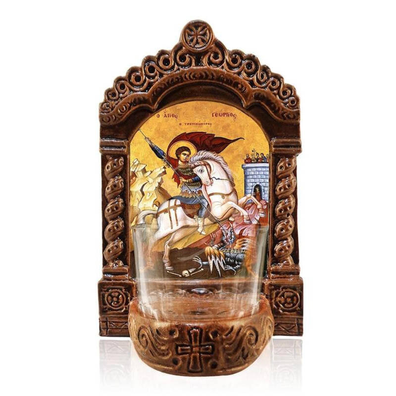 Εικόνα Ορθοδοξίας με περίγραμμα χρυσό σε ξύλο Φλαμουρίας  με  βάση Φωτιστικό Αγρυπνίας Αγίου Γεωργίου, Επιτραπέζια εικόνα Αγίου Γεωργίου, Χειροποίητο Κεραμικό Φωτιστικό με Γυάλινο Κύπελλο Διάσταση 45x35 cm (17,7 x 13,8 ίντσες) INTRAEK-543216724196