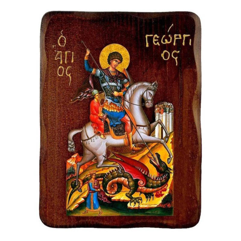 Εικόνα Ορθοδοξίας με περίγραμμα χρυσό σε ξύλο Φλαμουρίας  με  βάση Εικόνα Αγίου Γεωργίου, Χειροποίητη ελληνορθόδοξη εικόνα του Αγίου Γεωργίου, επιτοίχια πλάκα βυζαντινής τέχνης, θρησκευτικό δώρο, χριστιανική διακόσμηση Διάσταση 50x40 cm (19,7 x 15,8 ίντσε