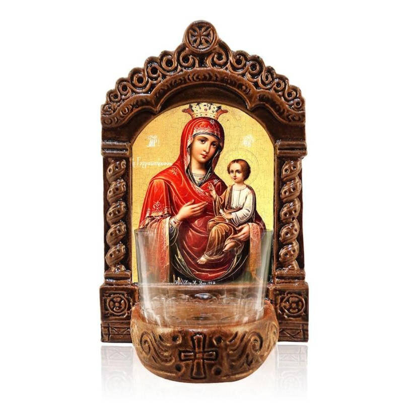 Εικόνα Ορθοδοξίας με περίγραμμα χρυσό σε ξύλο Φλαμουρίας  με  βάση Παναγία Γοργοεπήκοος Αγρυπνός, Παναγία Γρήγορο Ακούγεται Κεραμικό Επιτραπέζιο Εικονίδιο, Χειροποίητο Φωτιστικό Αγρυπνίας με Γυάλινο Κύπελλο Διάσταση 50x40 cm (19,7 x 15,8 ίντσες)  INTRAEK-
